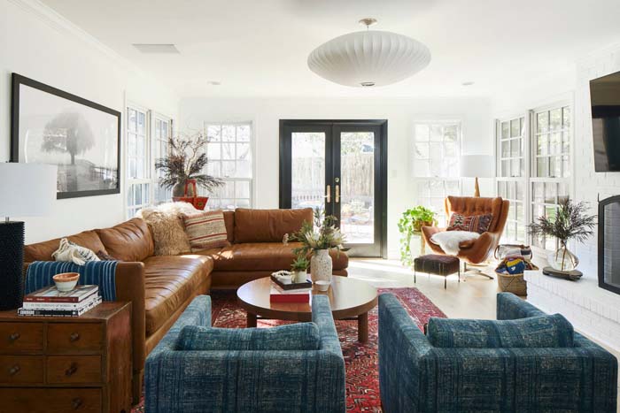 Red, White and Blue color with brown leather sofa