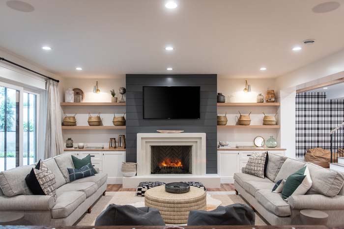 White Fireplace with Black Shiplap