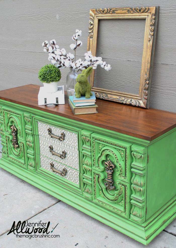 Dresser Makeover With Bold Green Paint And A New Counter