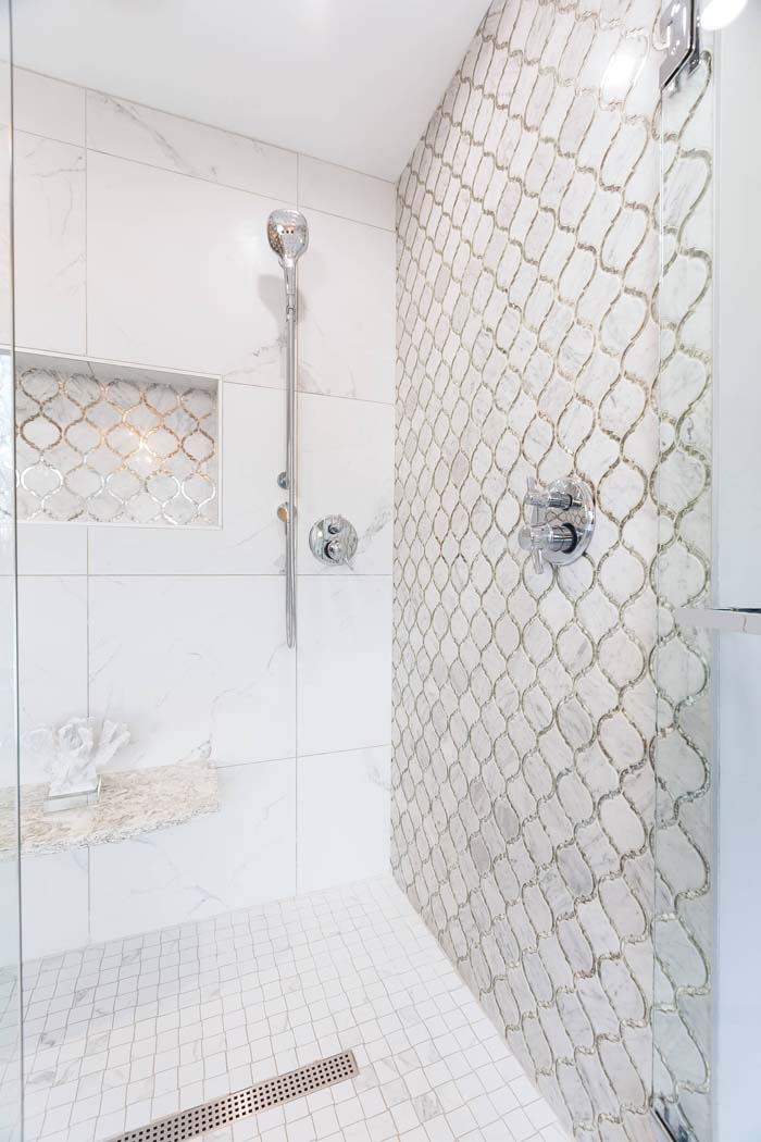Mother-of-Pearl Walk In Tile Shower Design