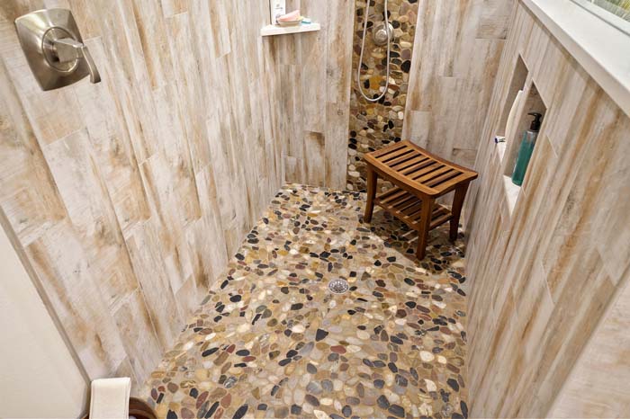 Rustic Walk-in Shower With Wood Look Tile