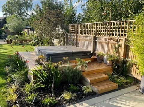 Hot Tub Landscaping On A Budget With A Deck Platform And A Garden