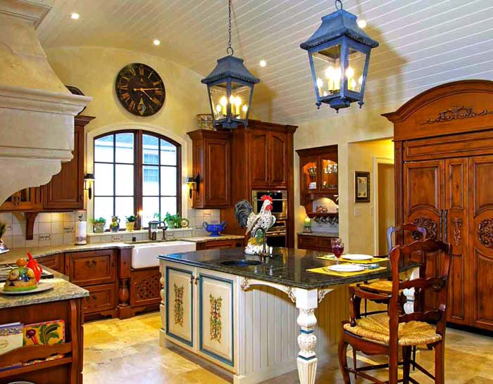 Rustic Country Kitchen With Ornamented Wood Furniture