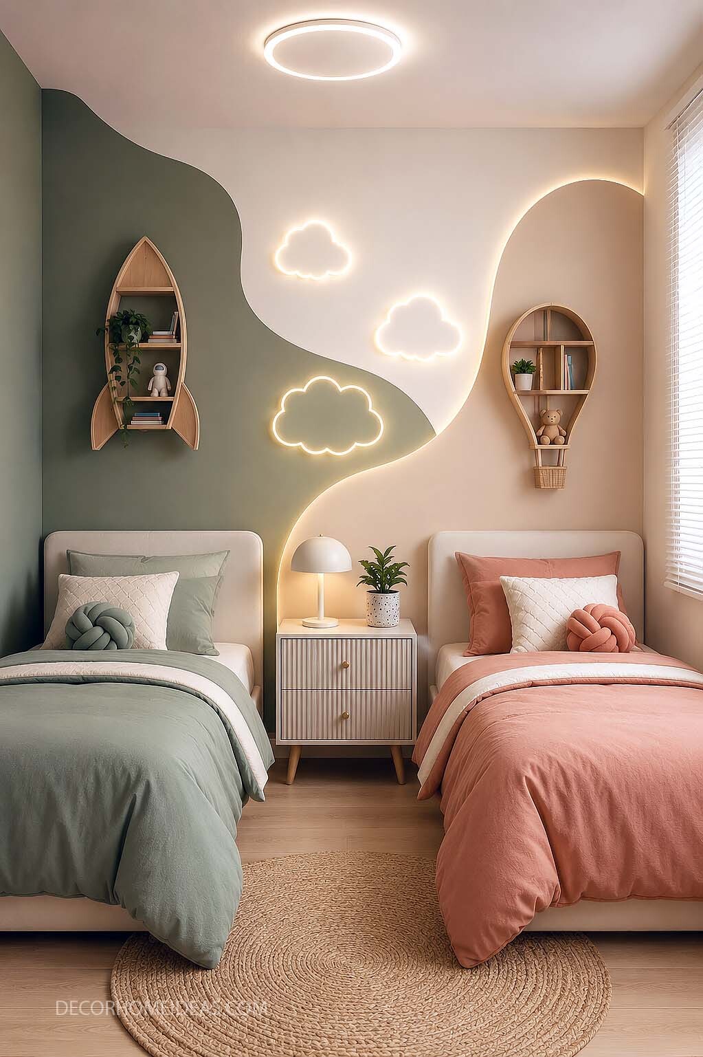 Kids Two Color Wall Bedroom Ideas with Sage Green and Peach