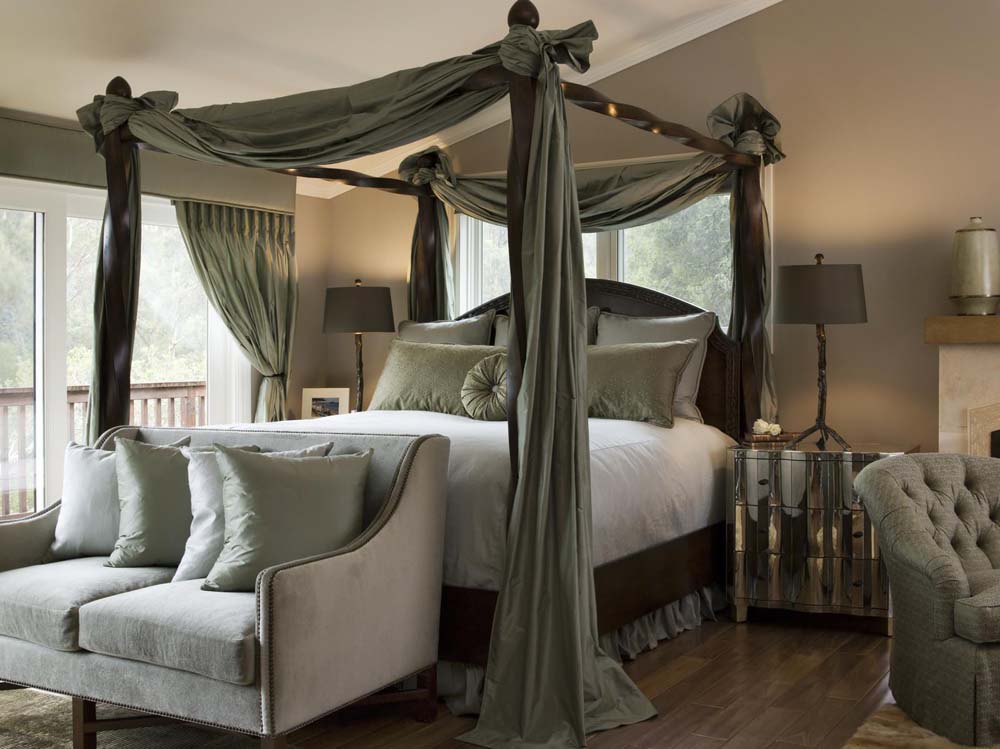 Upholstered Canopy Bed Frame With Heavy Curtains