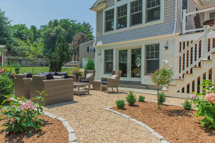 Pea Gravel Patio With Mulch Garden Beds