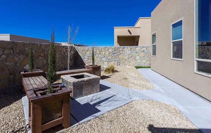 Pea Gravel And Slab Patio With Benches