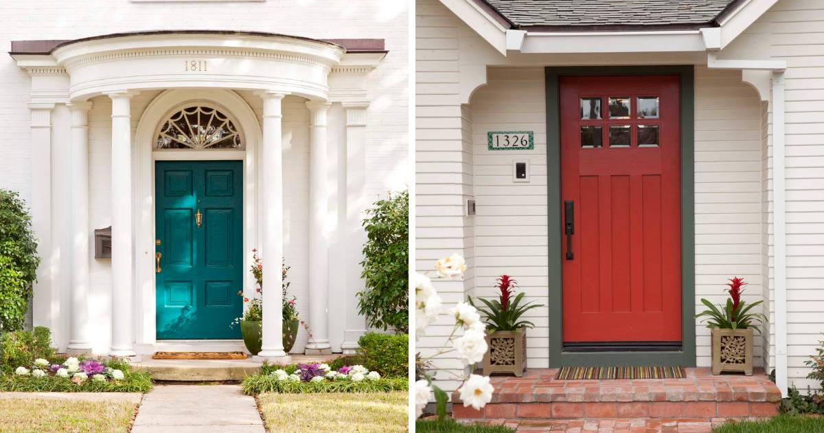 Front door colors in blue and red for white house