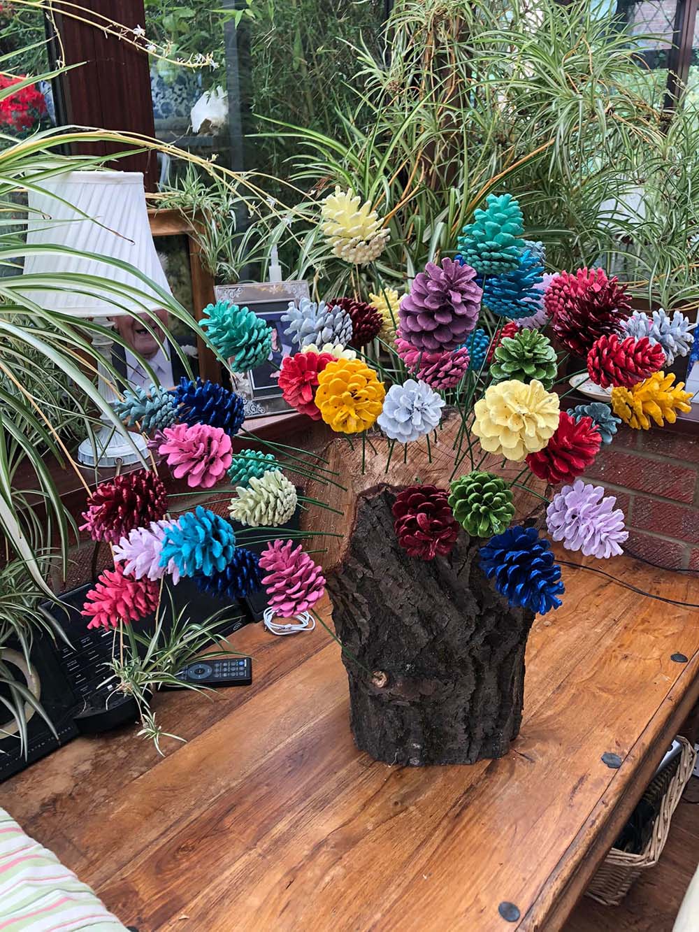 Painted Pine Cones as Flowers