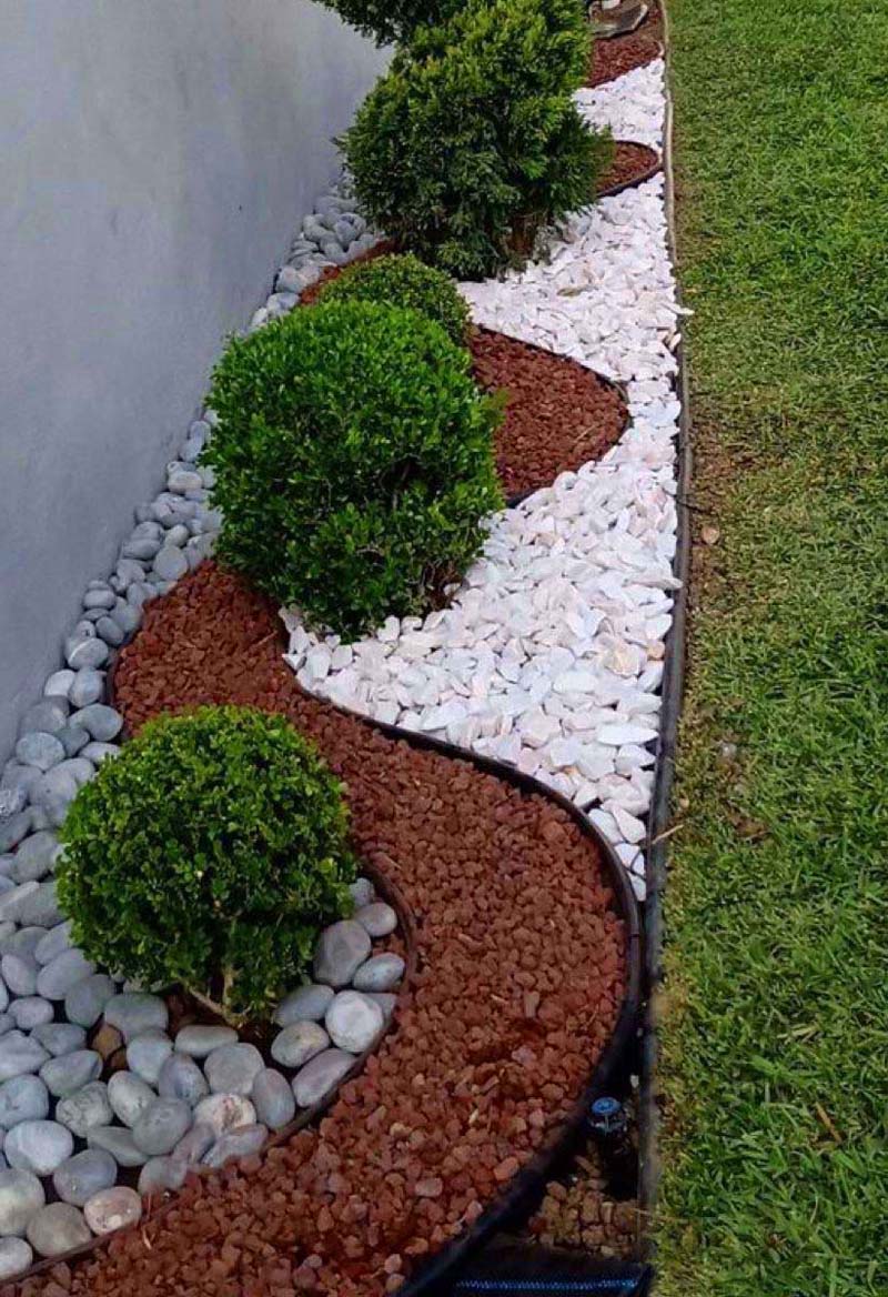 Garden Bed With Pebbles, River Rocks And Mulch