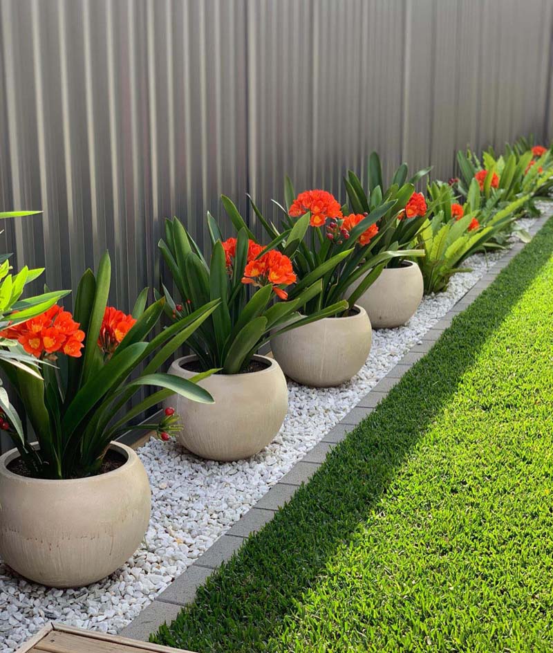 Cerca de jardim com seixos e vasos de flores