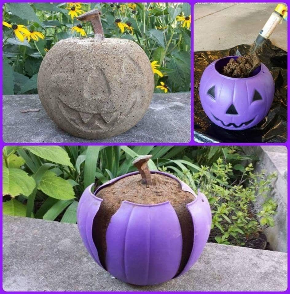 Elevate your autumn decor creatively by crafting concrete pumpkins using affordable plastic pumpkins from the Dollar Store. 

This ingenious idea promises simplicity and impact, resulting in eye-catching decorations that stand out, especially when painted in a captivating shade of purple.