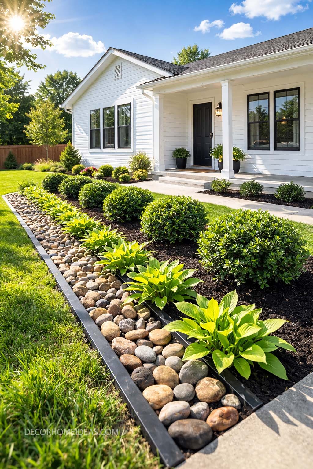 Clean Front Yard Rock Border with Boxwoods and Hostas