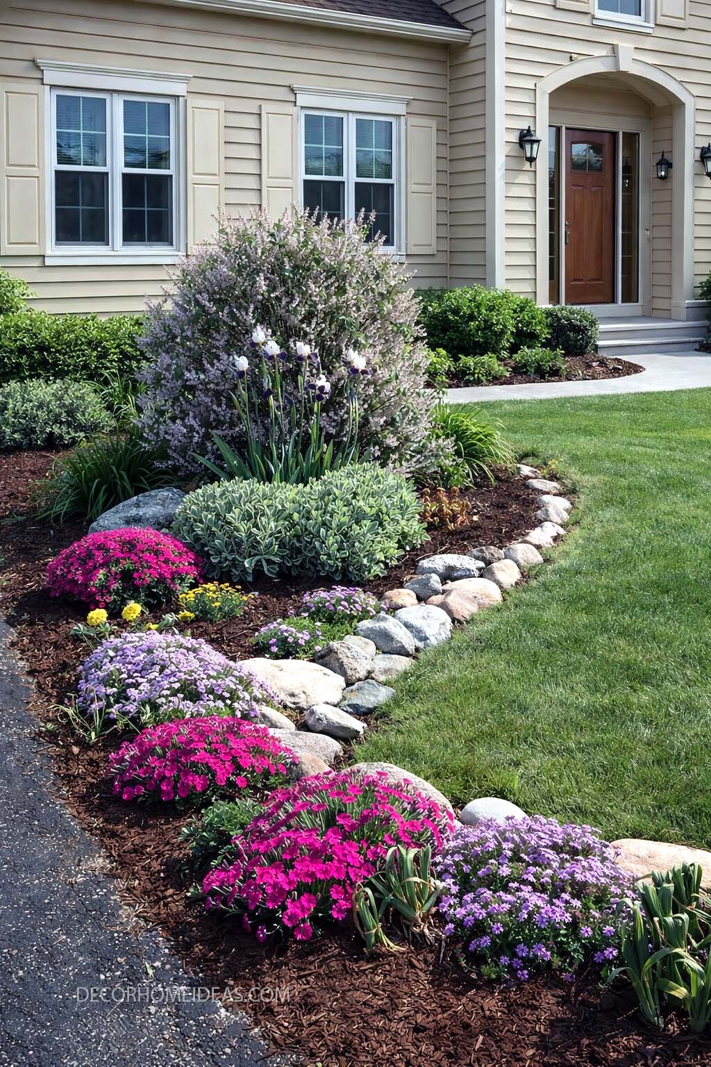 Colorful Front Yard Flower Bed with Natural Rock Edge