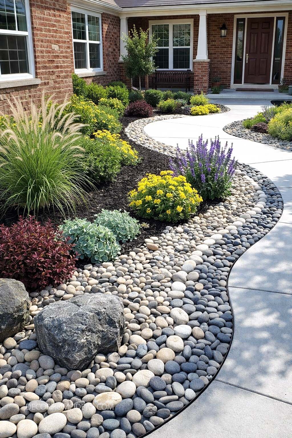 Modern Front Yard Landscaping with Curved Rock Border and Colorful Plants