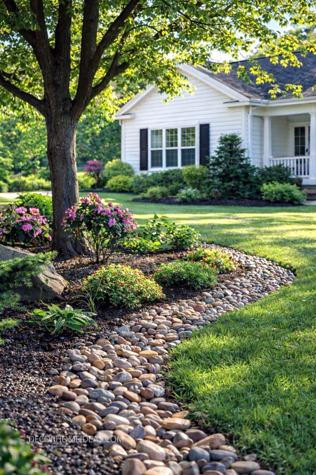 Shaded Front Yard Dry Creek Bed with Flowering Shrubs