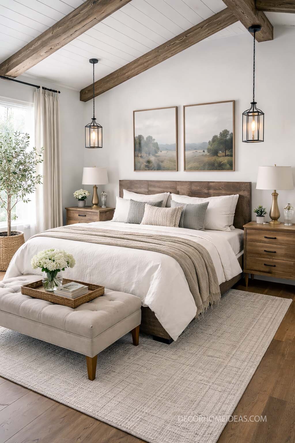 Cozy Neutral Farmhouse Bedroom with Wood Beams