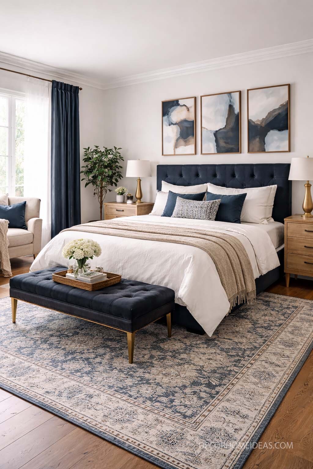 Navy and Neutral Bedroom Decor with Tufted Headboard