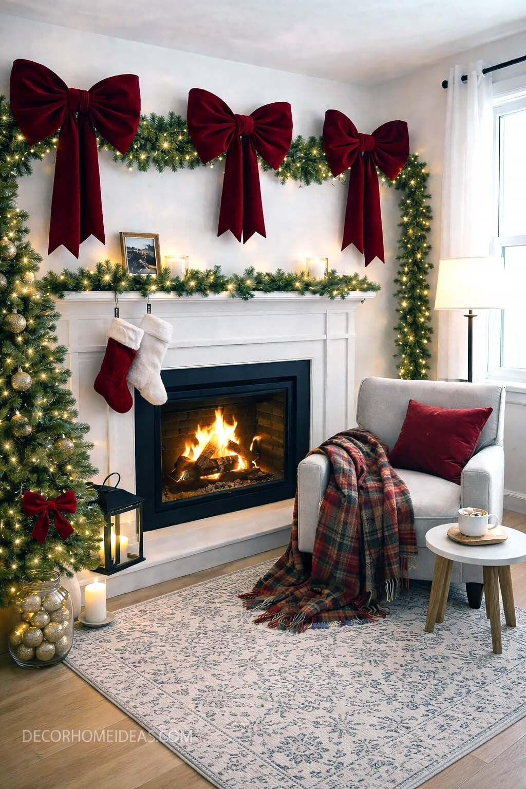 Warm and Inviting Christmas Fireplace Corner with Red Velvet Bows