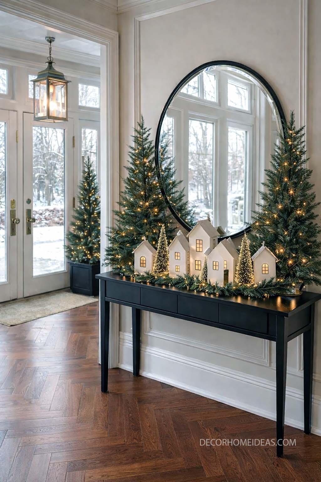 Cozy Christmas Entryway with Mini Lit Village & Trees