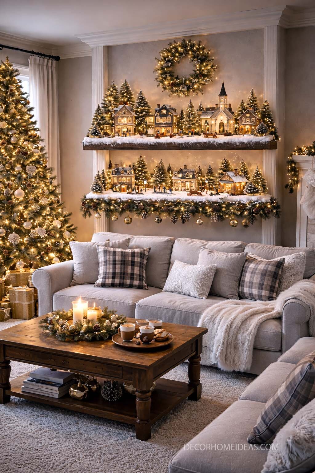 Cozy Christmas Living Room with Magical Holiday Village Display