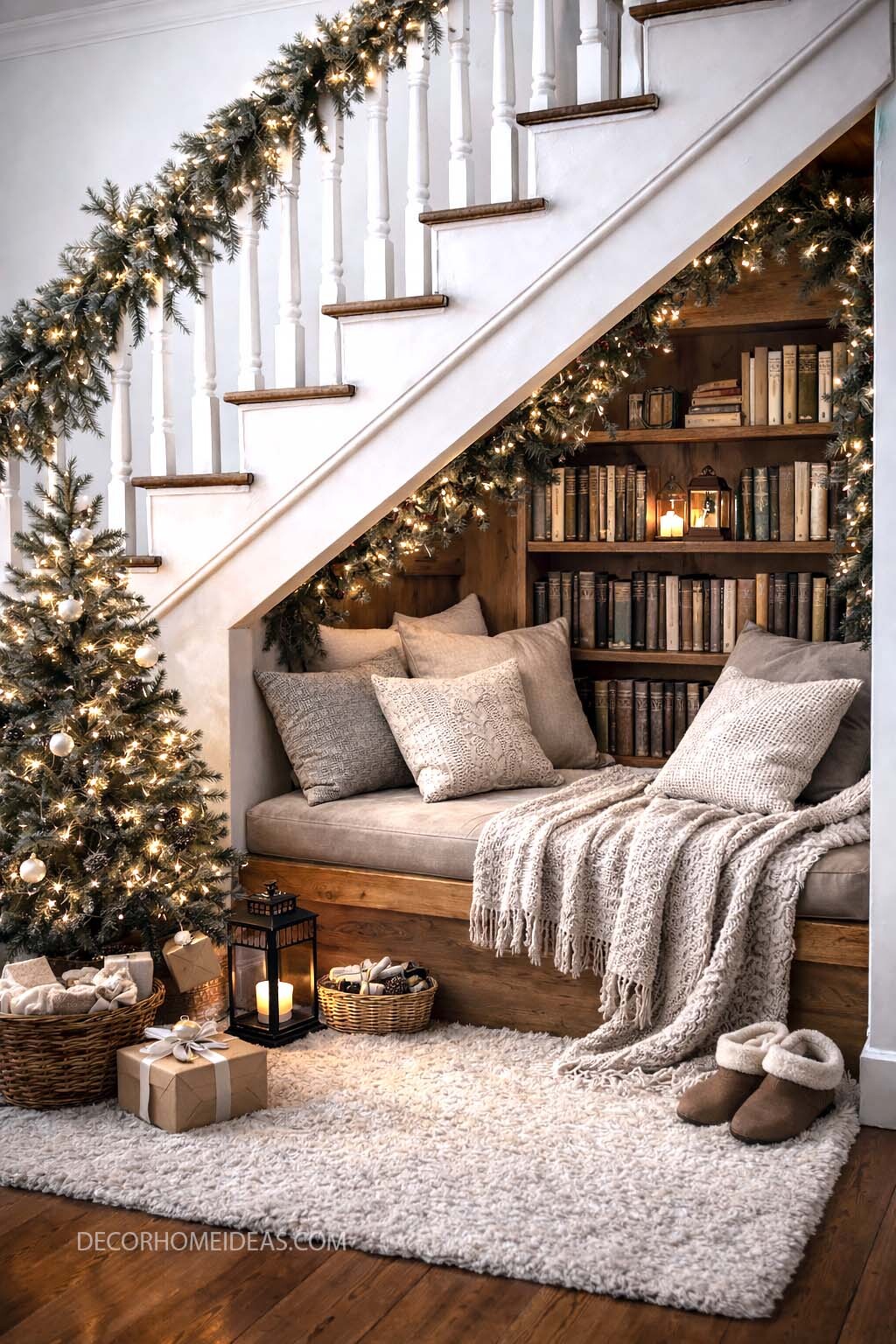 Cozy Christmas Reading Nook Under the Stairs