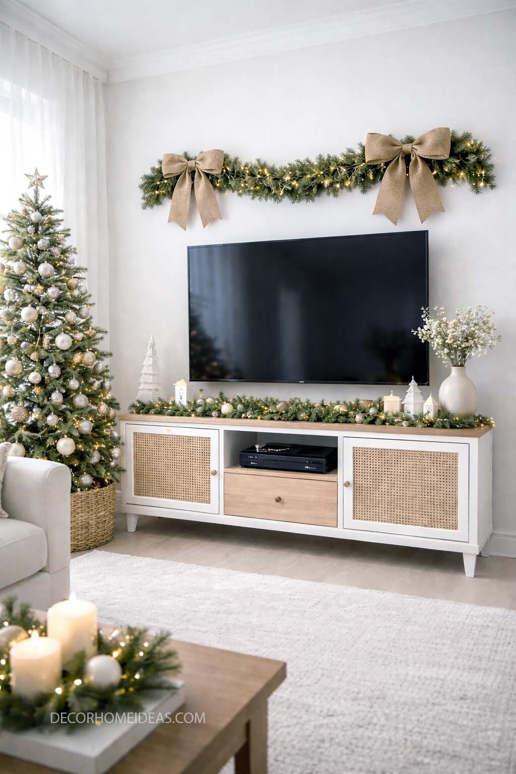 Elegant Christmas TV Stand Decor with Garland and Neutral Accents
