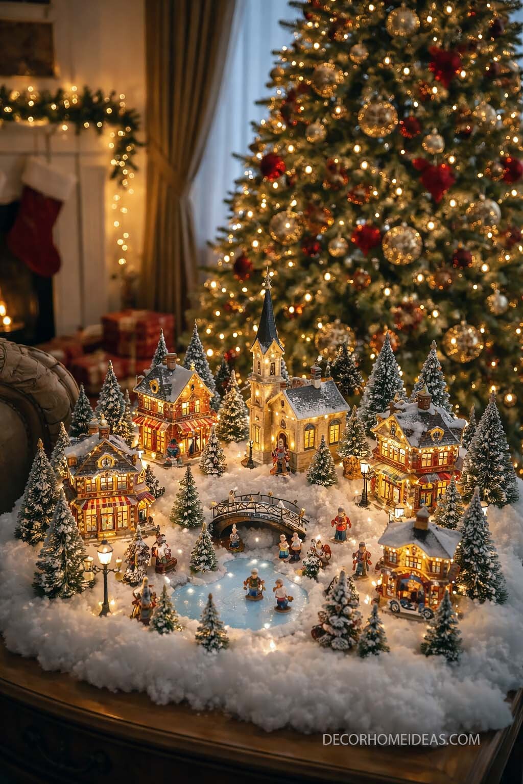 Magical Christmas Village Display with Glowing Lights and Mini Ice Rink