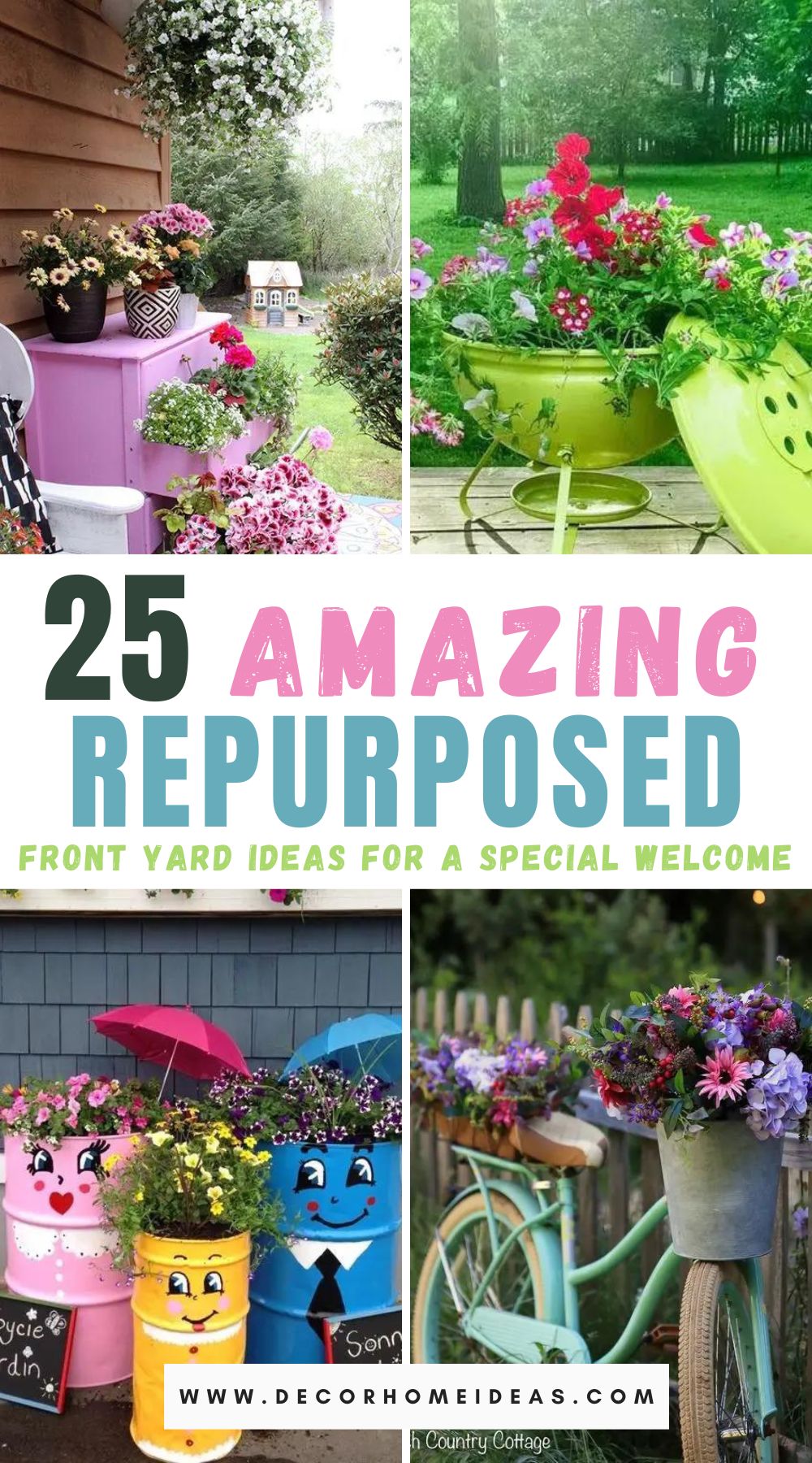 Transform your front yard with 25 creative and repurposed decorating ideas! Refresh your outdoor space with these unique and budget-friendly ideas.