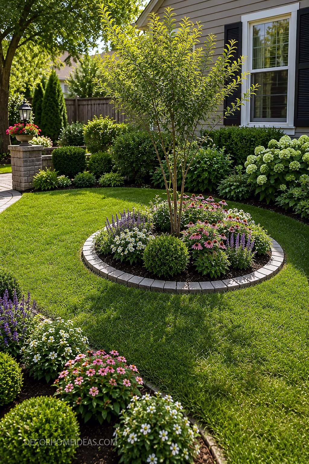Circular Front Yard Tree Ring With Colorful Flower Bed Ideas