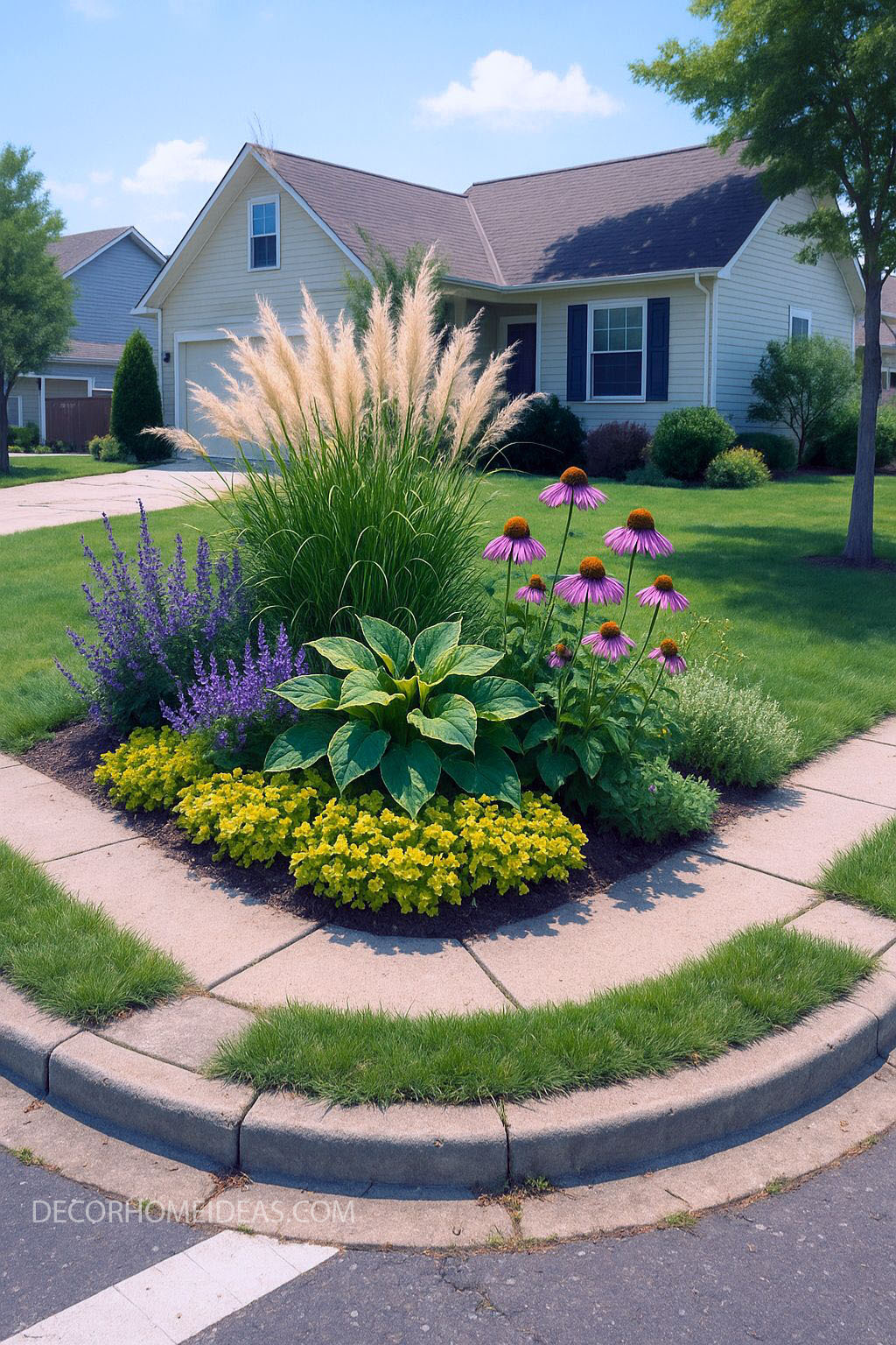 Colorful Corner Garden Idea with Pampas Grass and Coneflowers