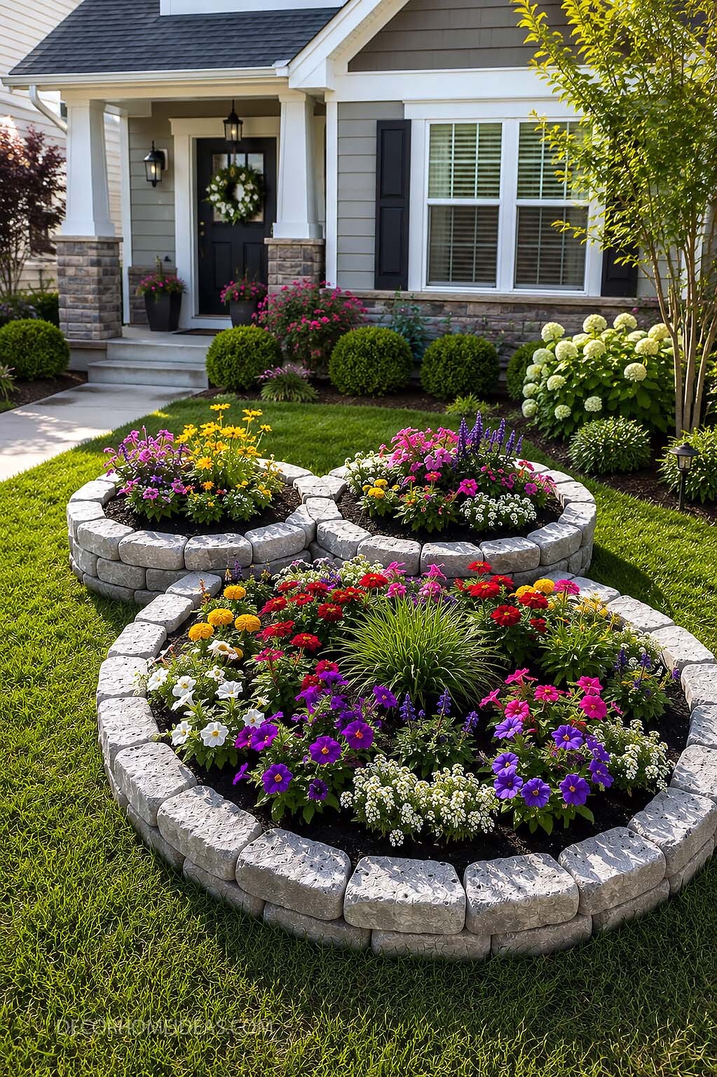 Raised Stone Flower Beds With Colorful Front Yard Landscaping