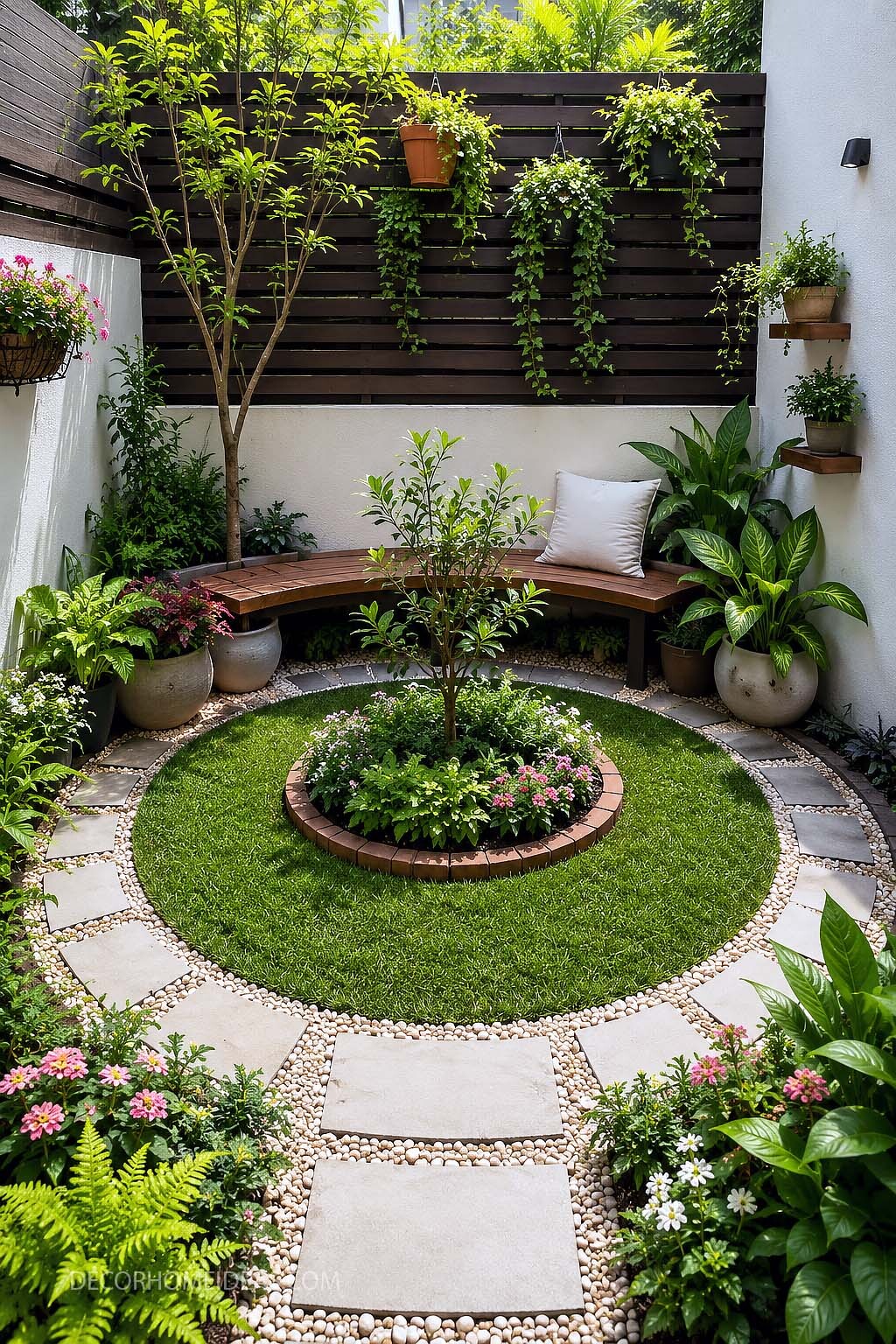Small Courtyard Garden With Circular Path and Built In Bench