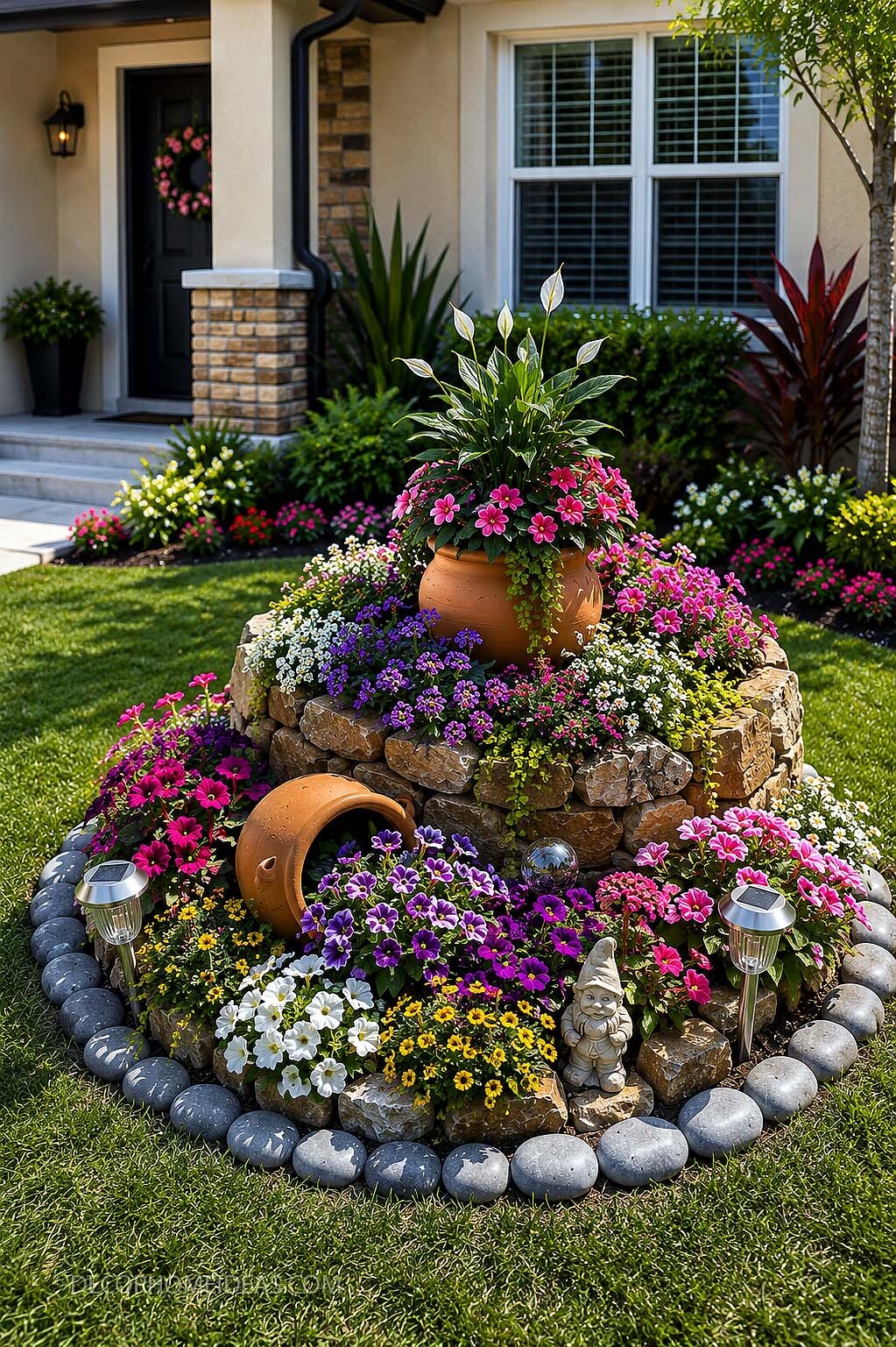 Tiered Rock Flower Bed With Spilled Pot Front Yard Decor