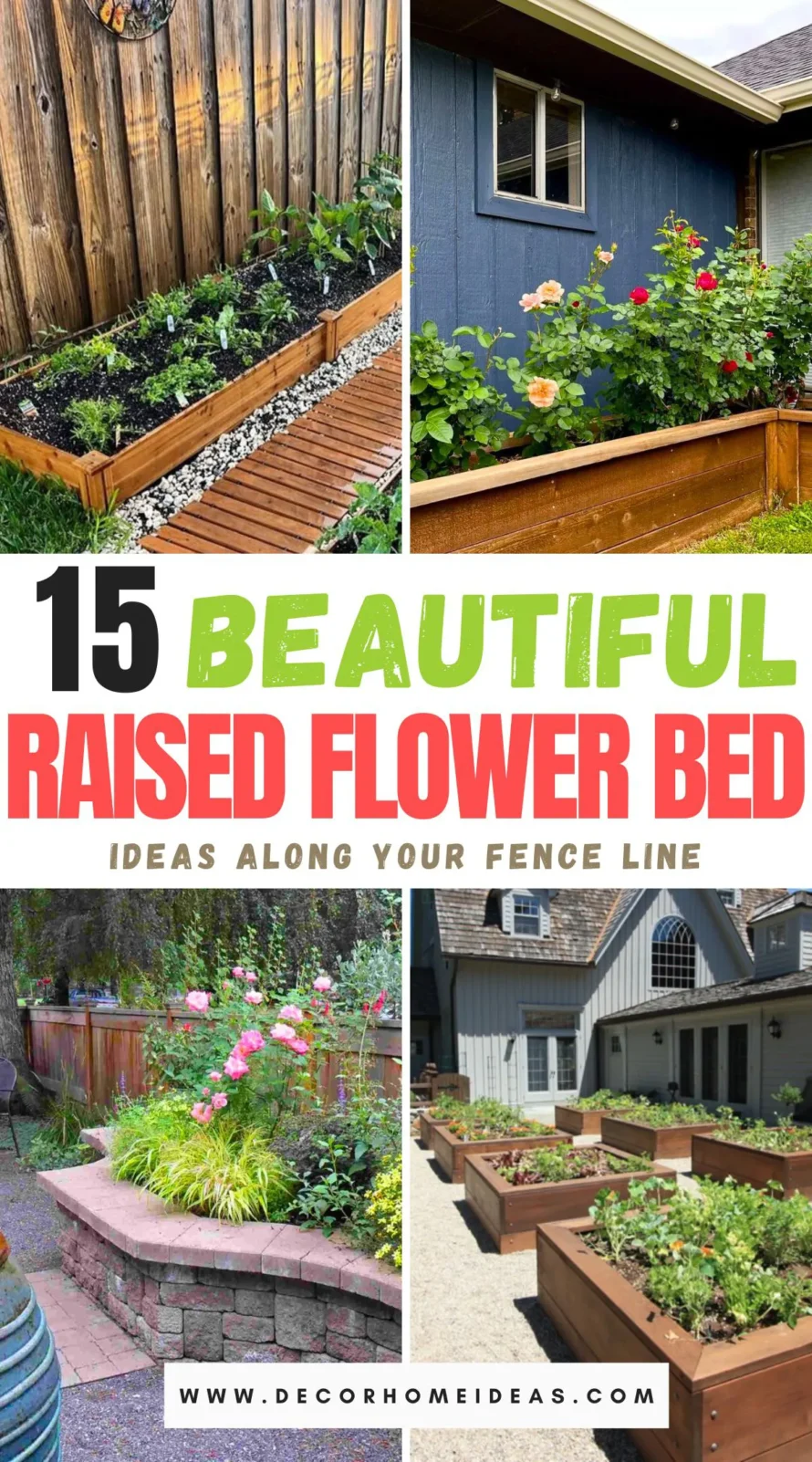 Create a charming garden border with 15 raised flower beds along the fence. These elevated planters not only add visual interest but also provide a practical solution for gardening in limited space, enhancing the beauty of your outdoor area.