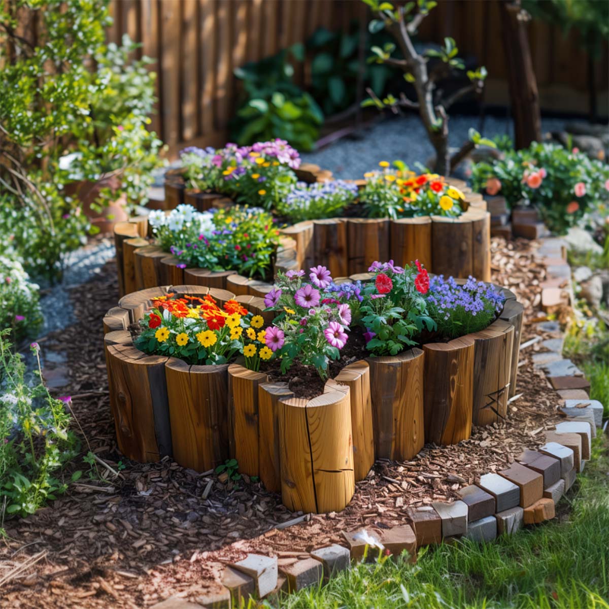 wooden logs raised flower bed