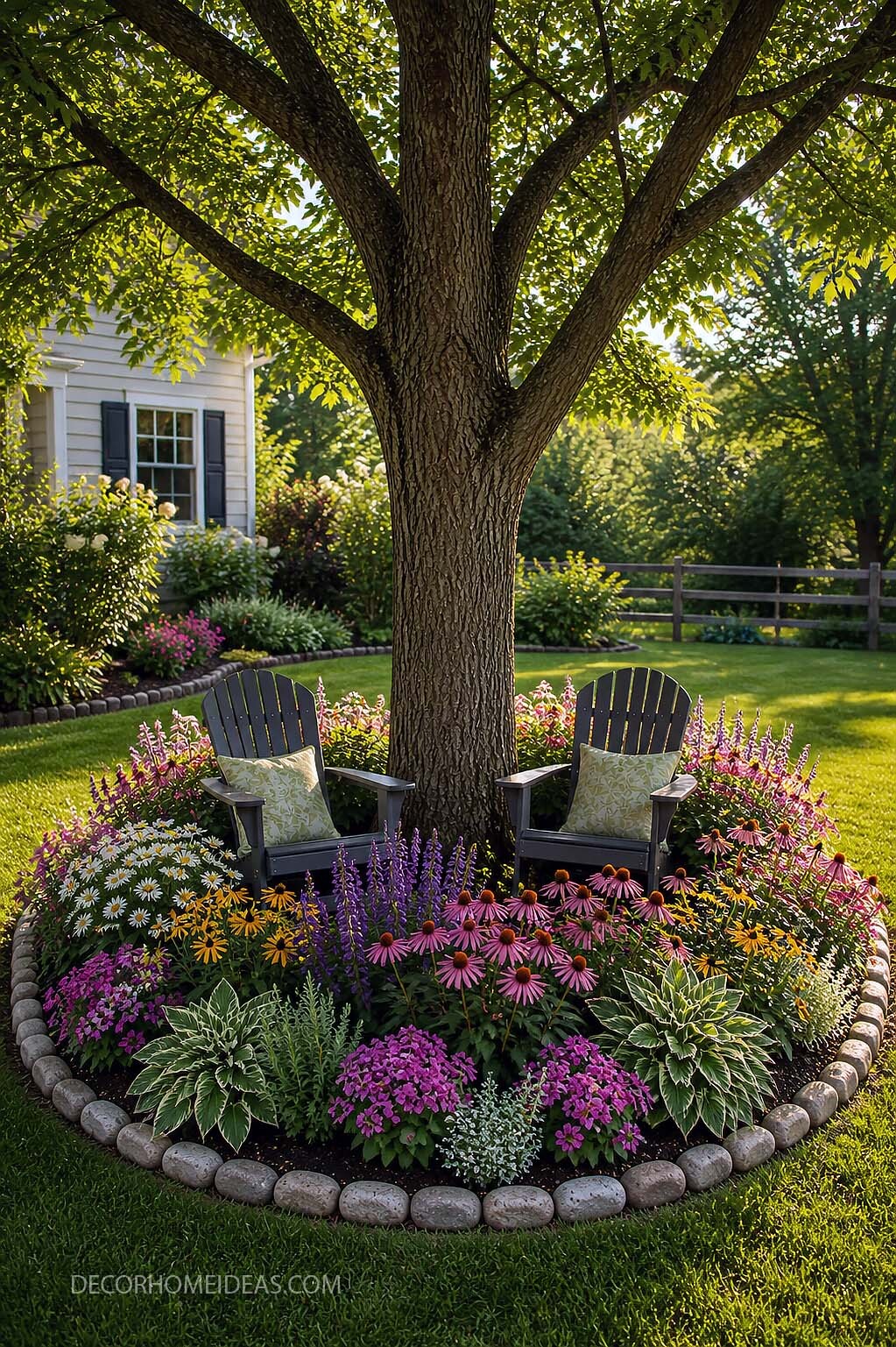 Beautiful Tree Ring Garden With Cozy Seating and Colorful Flowers