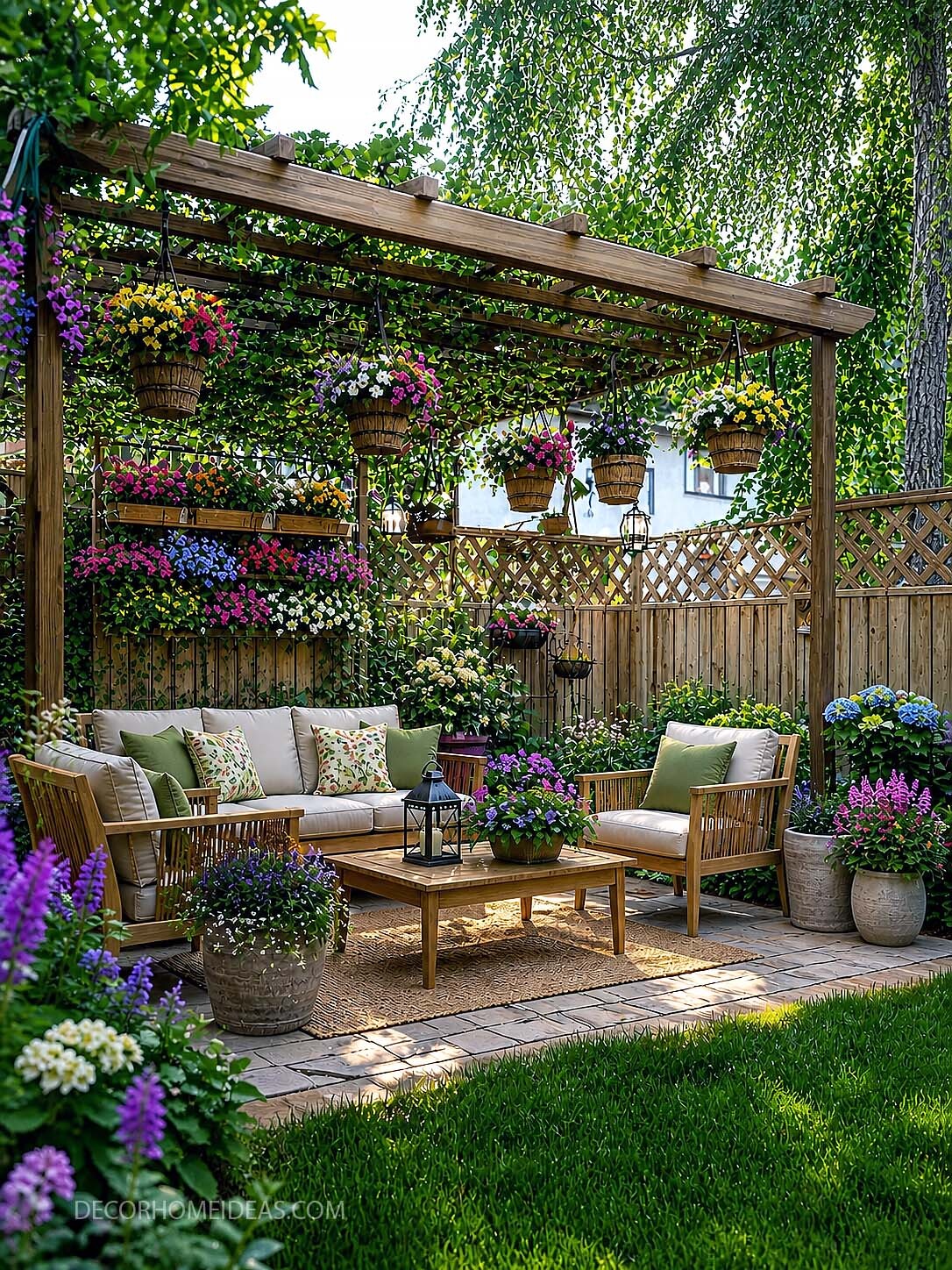 Cozy Backyard Pergola Patio With Hanging Flower Baskets