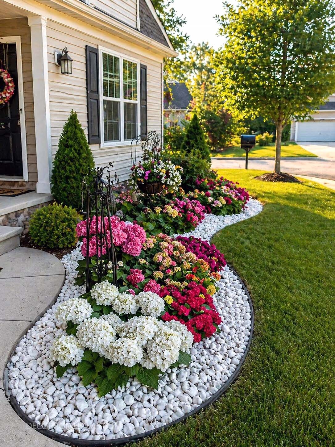 Front Yard Flower Bed with White Rock Edging