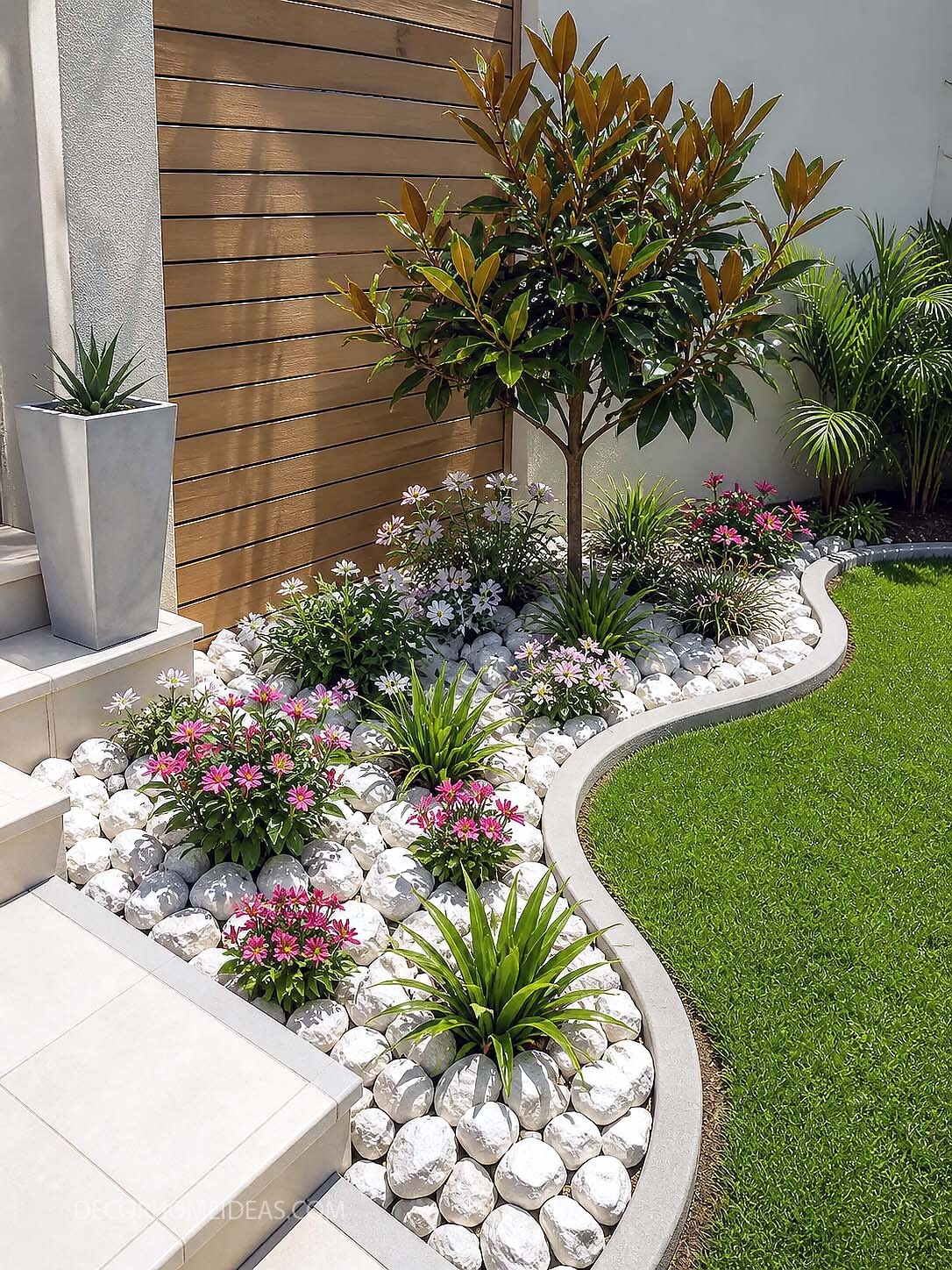 Modern Front Yard Garden With White Pebbles