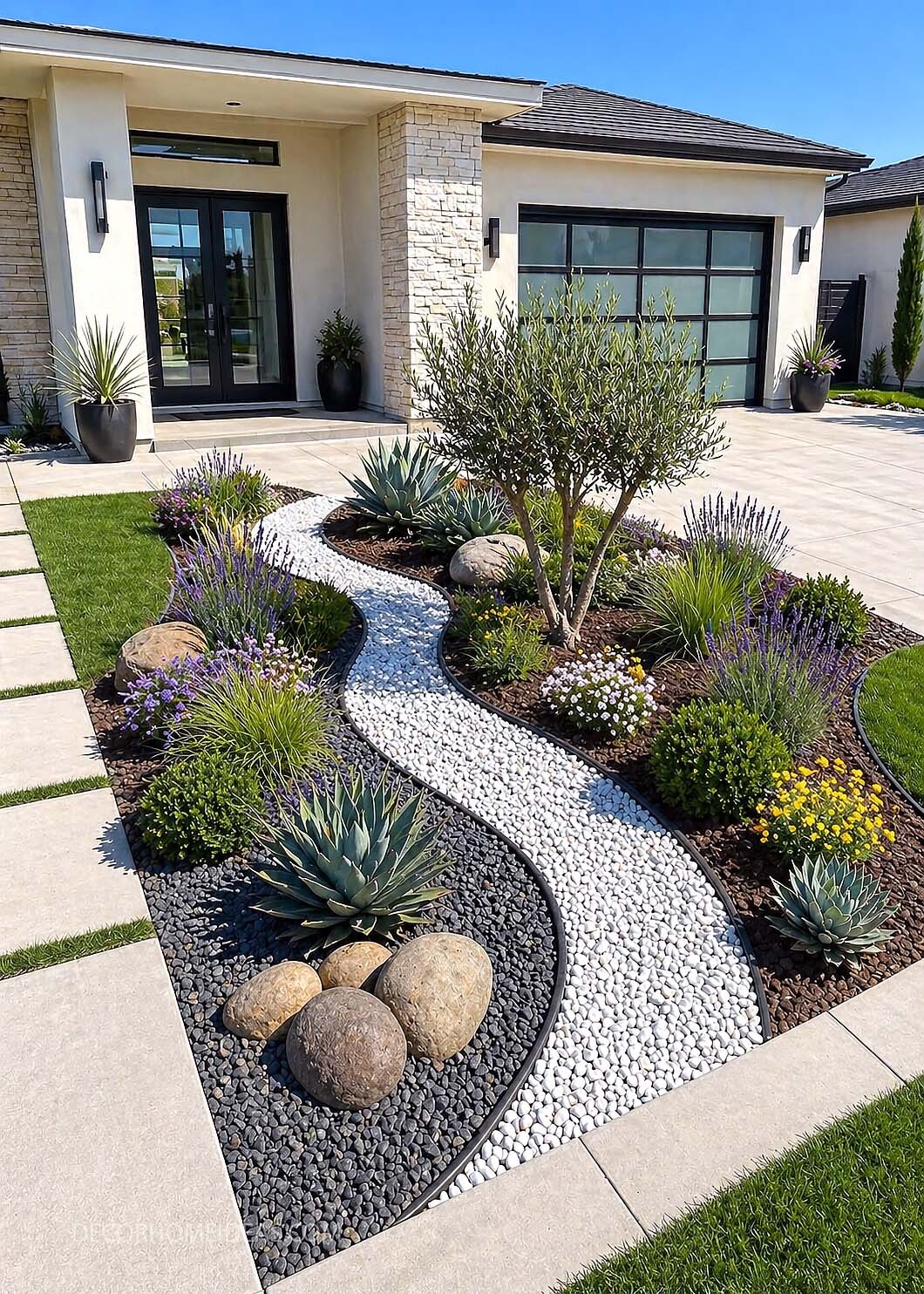 Modern Front Yard Landscaping with White Rock River Bed