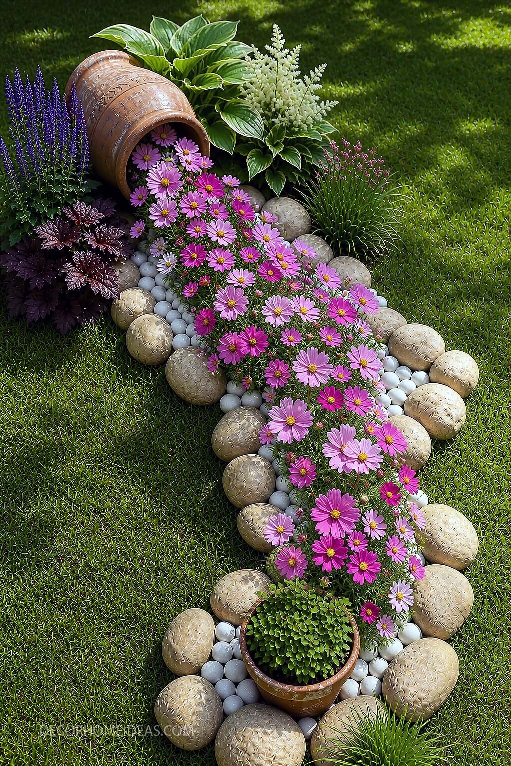 Spilled Flower Pot Garden Idea With Pink Blooms and Stone Border