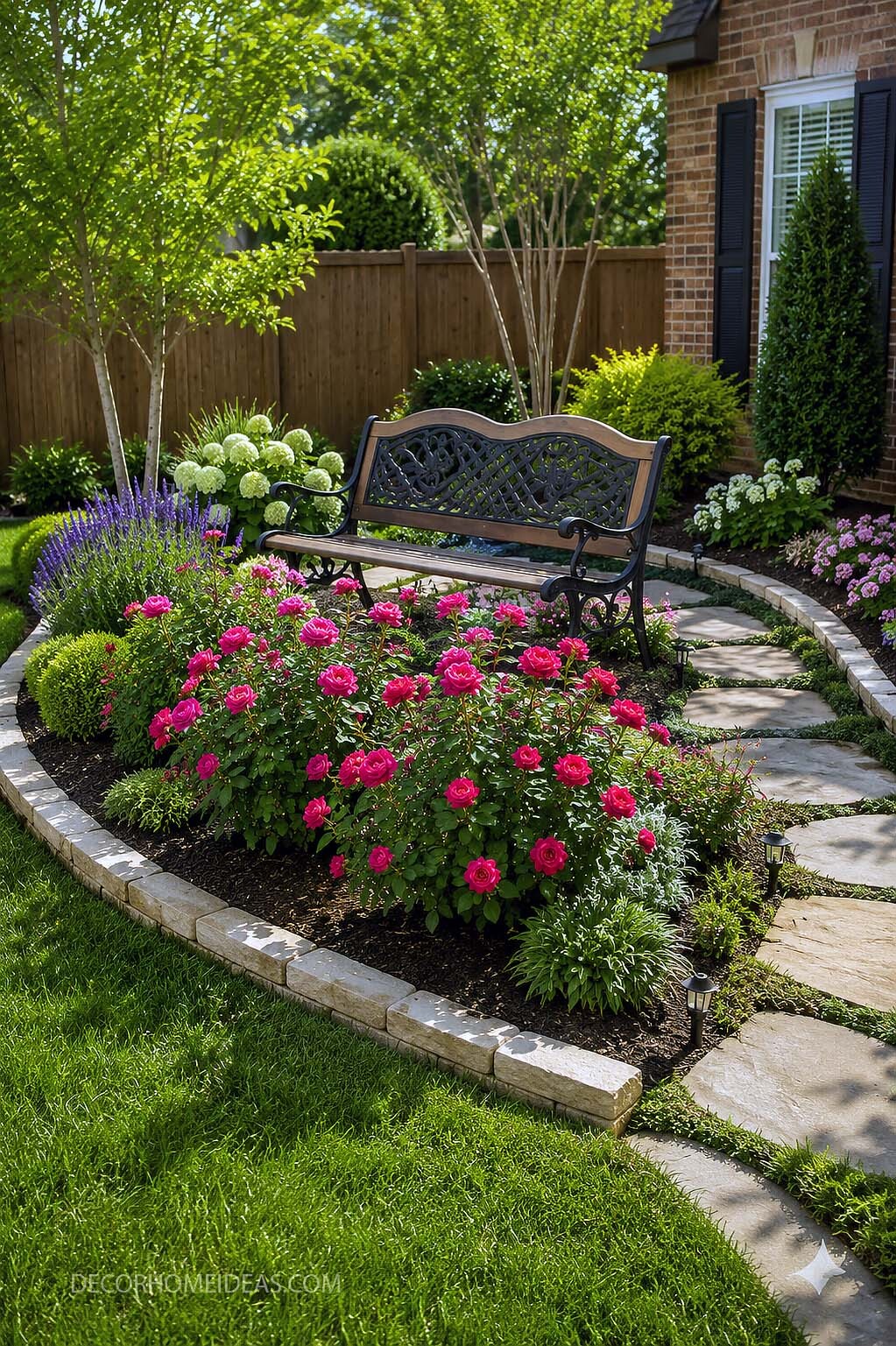 Backyard Rose Garden With Bench and Stone Path
