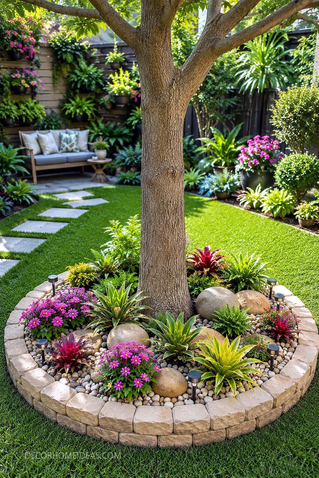 Circular Tree Ring Landscaping With Colorful Shade Garden Ideas