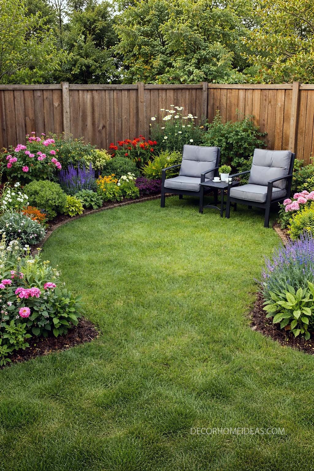 Colorful Backyard Flower Border with Cozy Seating Area