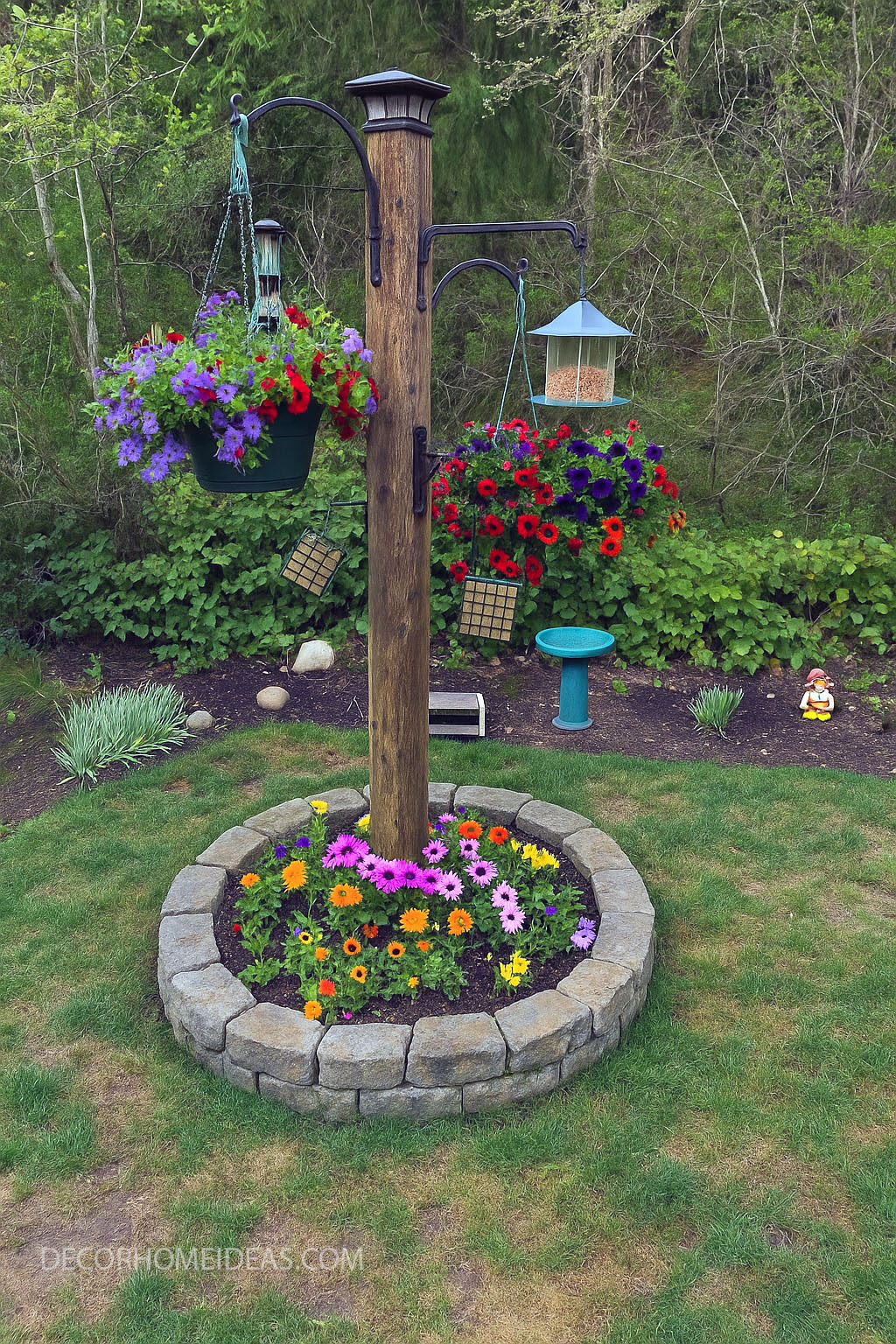 DIY Rustic Garden Pole with Hanging Baskets & Bird Feeders