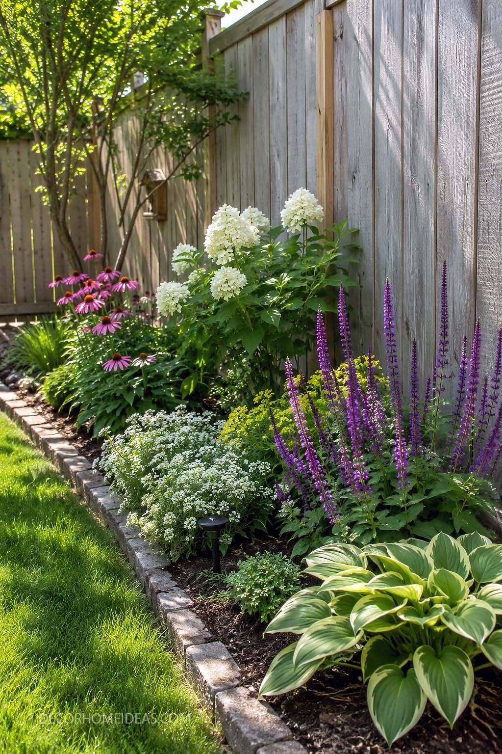 Fence Line Flower Bed with Hydrangeas, Hostas and Purple Perennials