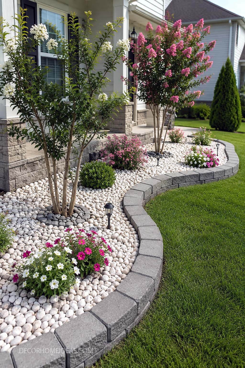 Front Yard Flower Bed with White Rock Landscaping