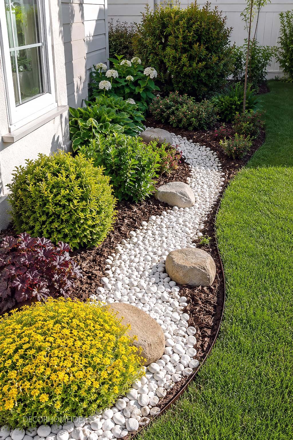 Front Yard River Rock Landscaping With Shrubs and Garden Border