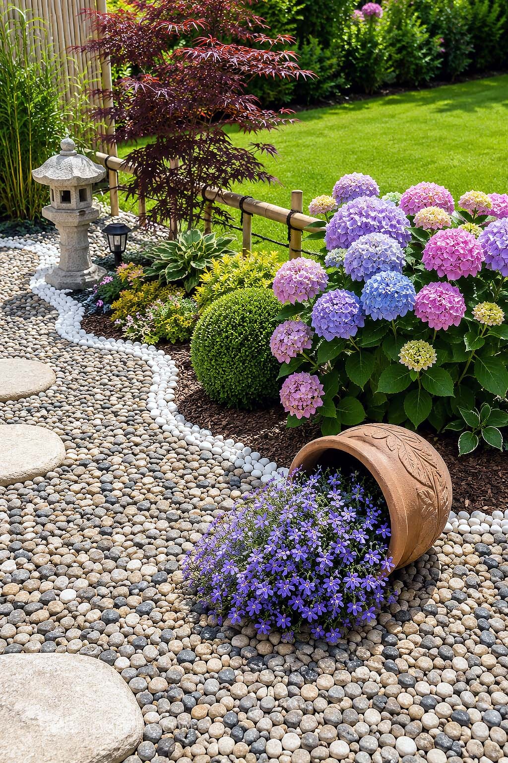 Japanese Inspired Garden Path With Hydrangeas and Spilled Flower Pot